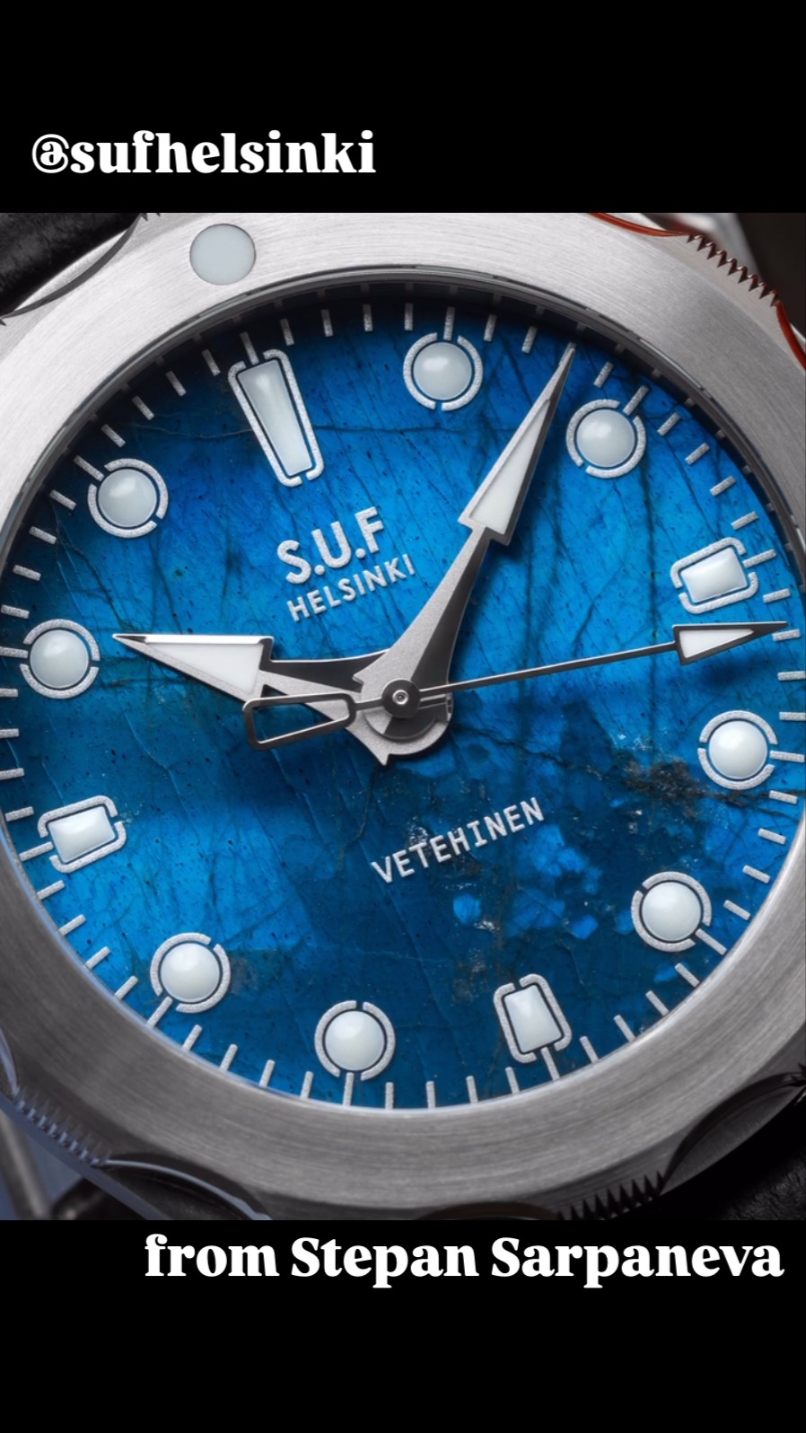 @sufhelsinki 🇫🇮 @sarpanevawatches 🇫🇮 @studiosarpaneva 🇫🇮 the Vetehinen with Spectrolite dial! 
Spectrolite is a unique type of Labradorite, found only in Lapland, near the Artic Circle in Finland 🇫🇮