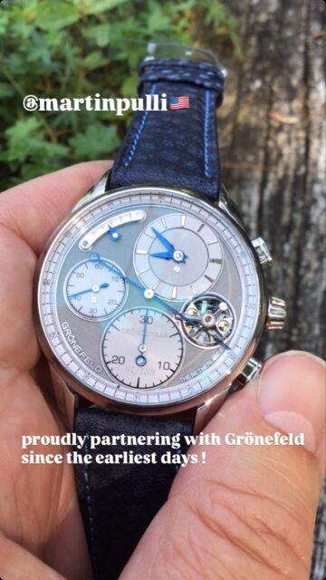 @gronefeld_watches 🇳🇱 from the village of Oldenzaal hail a tandem of horological brothers, blazing their own unique trail in the world of haute horology. The Grönograff, is not any “ordinary” chronograph, yet a unique bespoke calibre. The Horological Brothers conceived a less aggressive system, a ‘soft reset’ mechanism. A centrifugal governor, positioned at 4 o’clock, typically seen on minute repeaters, slows down the reset function, thereby proving kinder to components while delivering a fascinating spectacle in the process. The governor includes two solid gold weights. Depending on the position of the heart-shaped cams for the counter hands, the relevant minutes and seconds hands rotate clockwise or counter clockwise, heightening the sense of mechanical theatre. The 30-minute counter, located at 6 o’clock, features an ‘instantaneous jumping minutes’. @martinpulli 🇺🇸